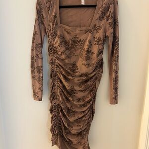 Cute Brown Floral Ruched Dress